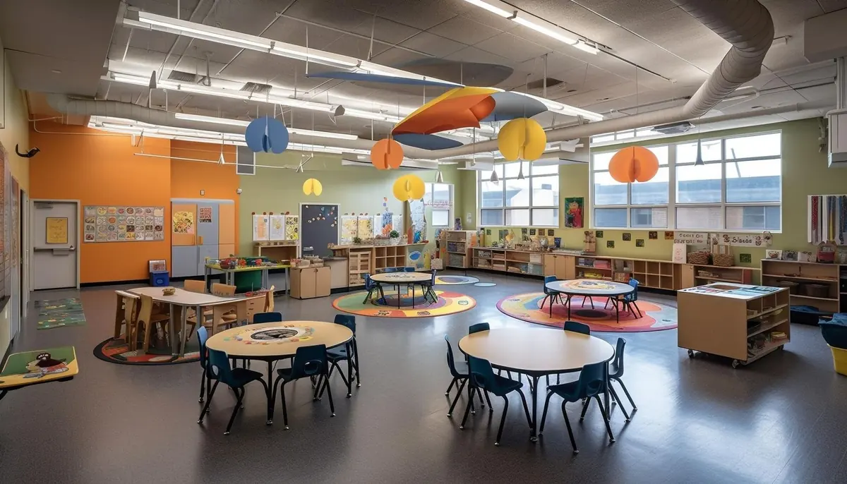 A bright Montessori classroom at Aquila Nidus with prepared materials on low shelves